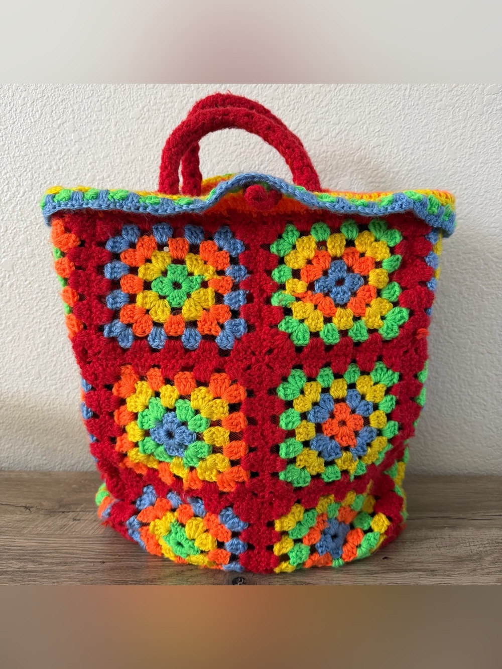 VTG Grandma Square Crochet Handbag Purse Tote Bag Rainbow Retro Granny Hipster
